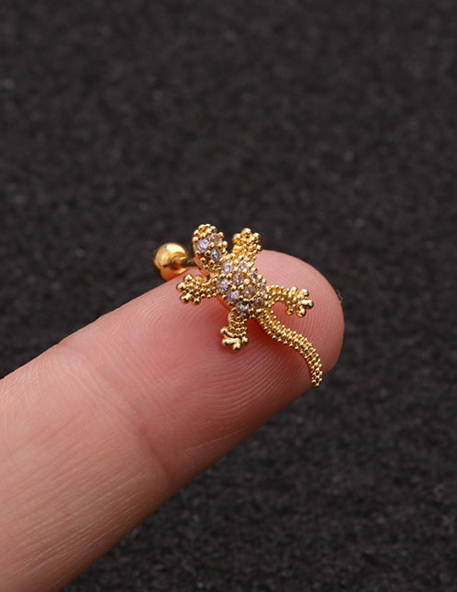 Fashion Gecko Golden Stainless Steel Thin Rod Screw Micro-inlaid Zircon Geometric Earrings