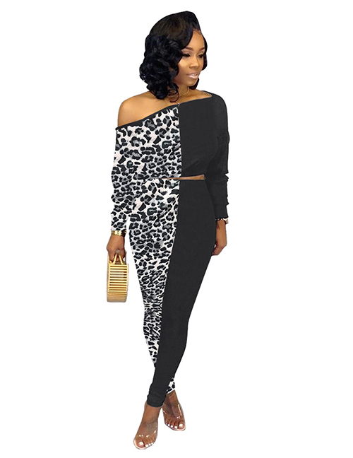 Fashion Grey Leopard Two-color Stitching Leopard Print Camouflage Diagonal Top Pants Suit