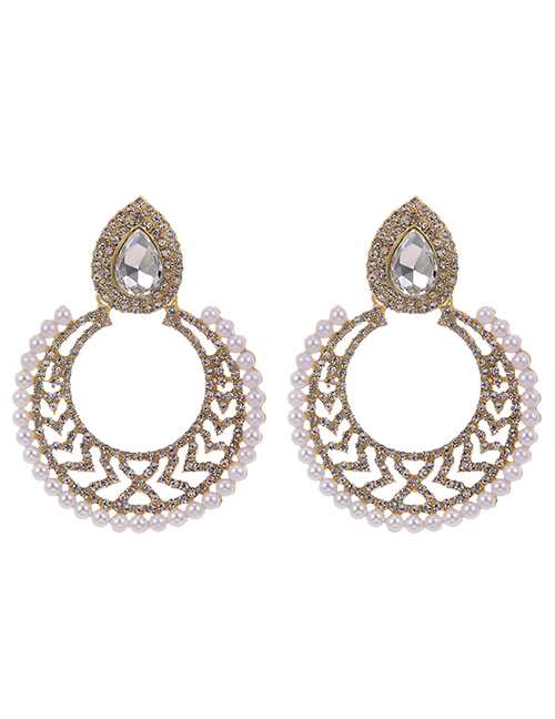 Fashion Gold Color Alloy Diamond Pearl Hollow Round Earrings