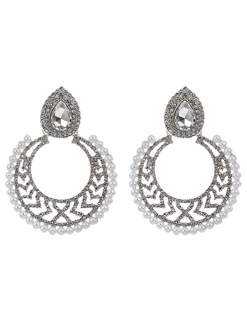 Fashion Silver Color Alloy Diamond Pearl Hollow Round Earrings