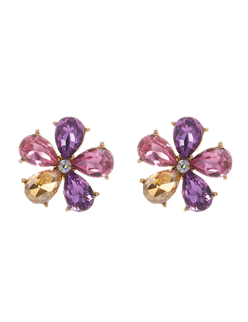 Fashion Pink Purple Alloy Diamond Flower Earrings