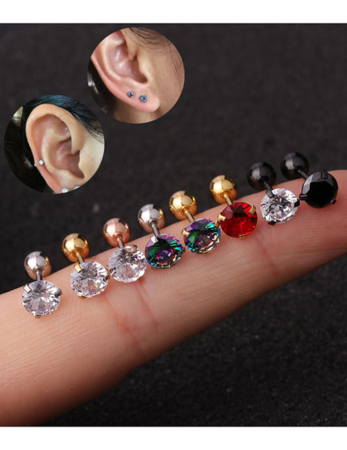 Fashion Gold Color Color-colorful (2mm) 3-claw Stainless Steel Screw Inlaid Zircon Geometric Earrings (1 Price)