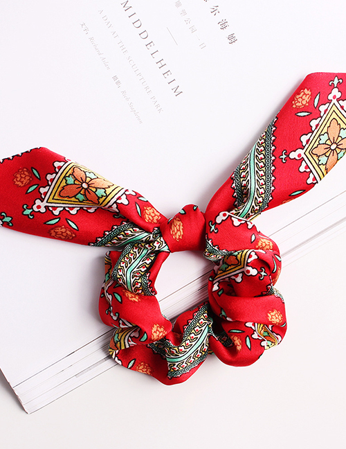 Fashion Rhombus Flower Bunny Ears-red Snake Leopard Print Chiffon Dovetail Bow Hair Rope