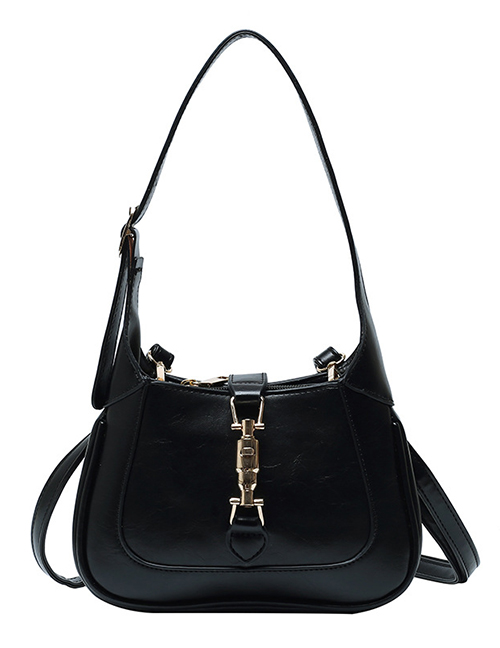 Fashion Black Lock Stitching Solid Color Shoulder Bag