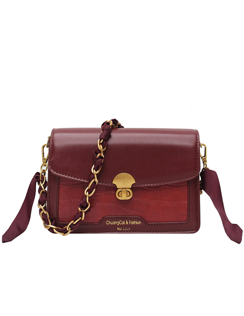 Fashion Red Wine Broadband Chain Stitching Contrast Color Crossbody Shoulder Bag