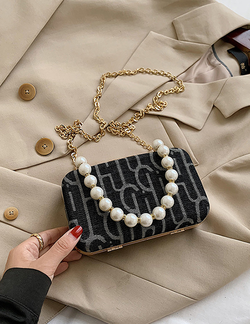 Fashion Black Printed Pearl Chain Diagonal Shoulder Bag