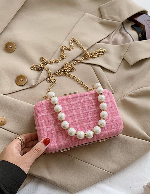Fashion Pink Printed Pearl Chain Diagonal Shoulder Bag