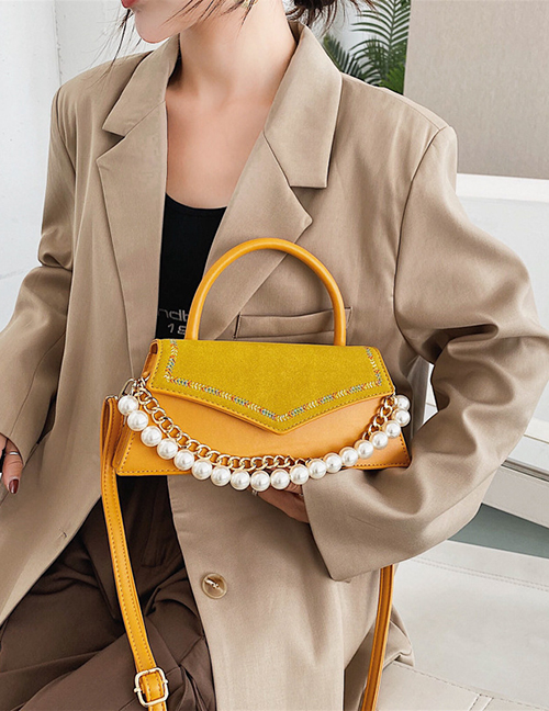 Fashion Yellow Pearl Chain Embroidery Thread Flap Crossbody Shoulder Bag