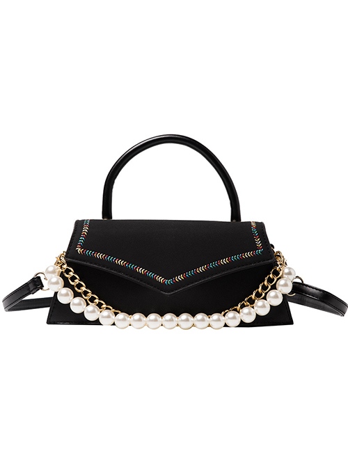 Fashion Black Pearl Chain Embroidery Thread Flap Crossbody Shoulder Bag