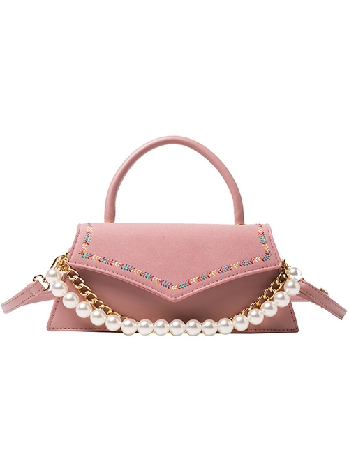 Fashion Pink Pearl Chain Embroidery Thread Flap Crossbody Shoulder Bag