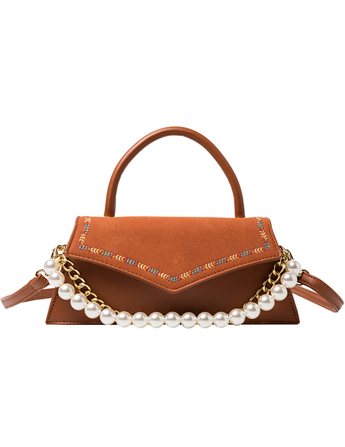 Fashion Brown Pearl Chain Embroidery Thread Flap Crossbody Shoulder Bag
