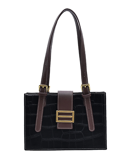 Fashion Black Contrast Stone Pattern Lock Diagonal Shoulder Bag