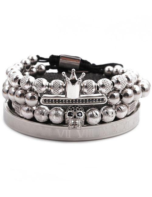 Fashion Platinum Suit Titanium Steel Stainless Steel Roman Letter Crown Skull Bracelet Set