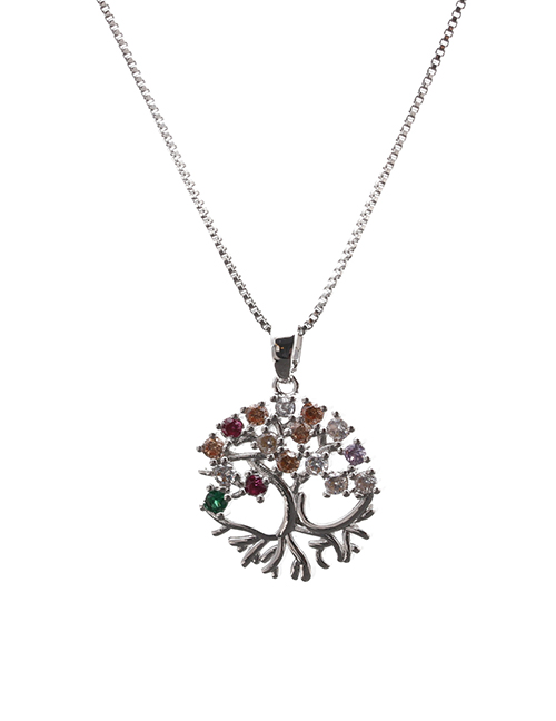 Fashion Tree Of Life 2 Box Chain White Gold Color Micro-inlaid Zircon Tree Of Life Round Hollow Necklace