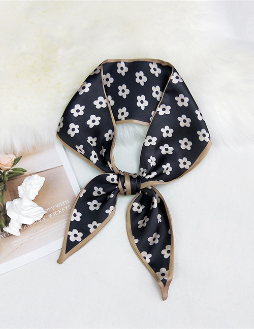 Fashion Five Petals Small Flower Black Double-sided Sharp Corners Narrow Strip Printing Small Scarf