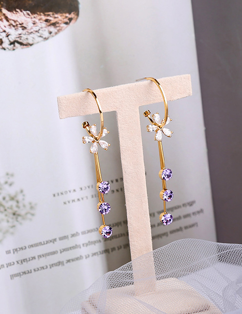 Fashion Taro Purple Flower Diamond Tassel Alloy Earrings