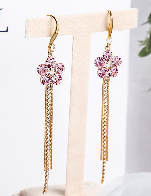 Fashion Cherry Blossom Powder Diamond Flower Tassel Alloy Earrings