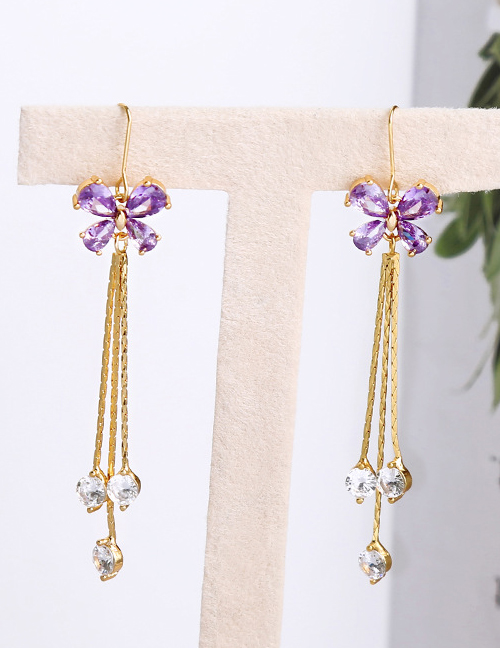 Fashion Taro Purple Tassel Butterfly Diamond Long Alloy Earrings
