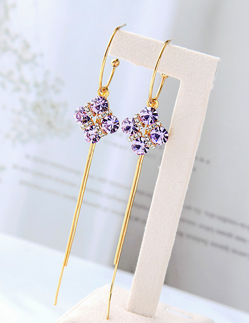 Fashion Taro Purple Flower Tassel Diamond Earrings