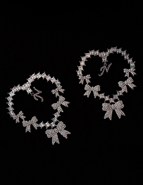 Fashion Silver Color Bowknot Diamond Heart Alloy Stud Earrings