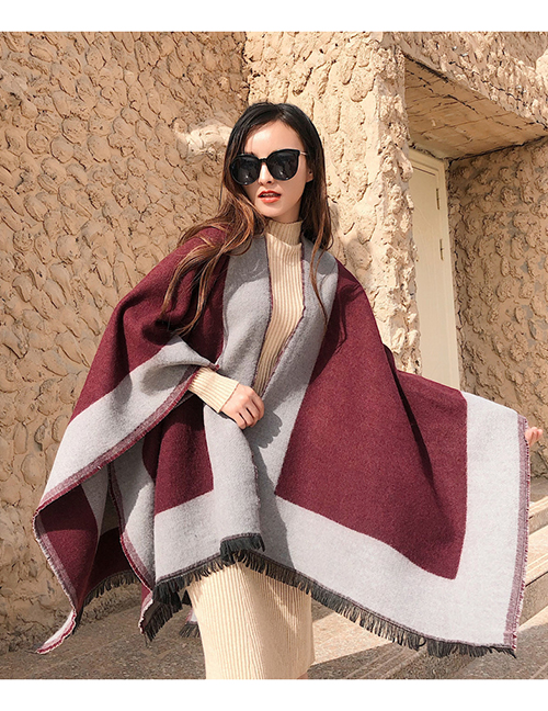 Fashion Brick Red Solid Color Border Knitted Imitation Cashmere Split Long Shawl