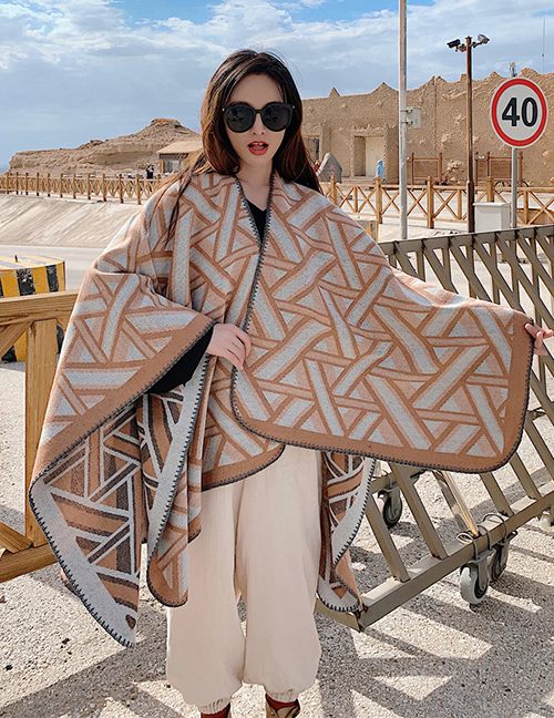 Fashion Khaki Split Geometric Jacquard Knitted Cashmere Cape Shawl