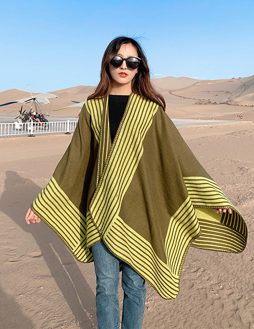 Fashion Army Green Thick Knitted Cashmere Stripe Slit Long Shawl