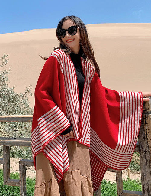 Fashion Scarlet Thick Knitted Cashmere Stripe Slit Long Shawl