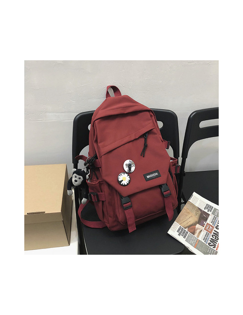 Fashion Wine Red Plus Pendant Logo Flap Backpack With Buckle
