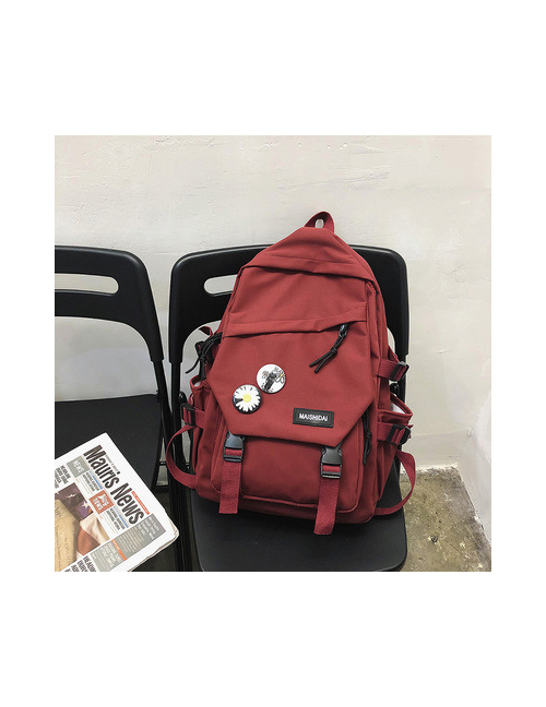 Fashion Red Wine Logo Flap Backpack With Buckle