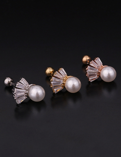Fashion 6#gold Color Pearl Stainless Steel Thread Inlaid Zircon Geometric Earrings