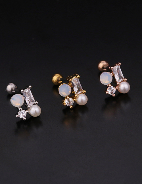Fashion 2#rose Gold Color Flower Double Head Screw Stainless Steel Inlaid Zircon Geometric Stud Earrings