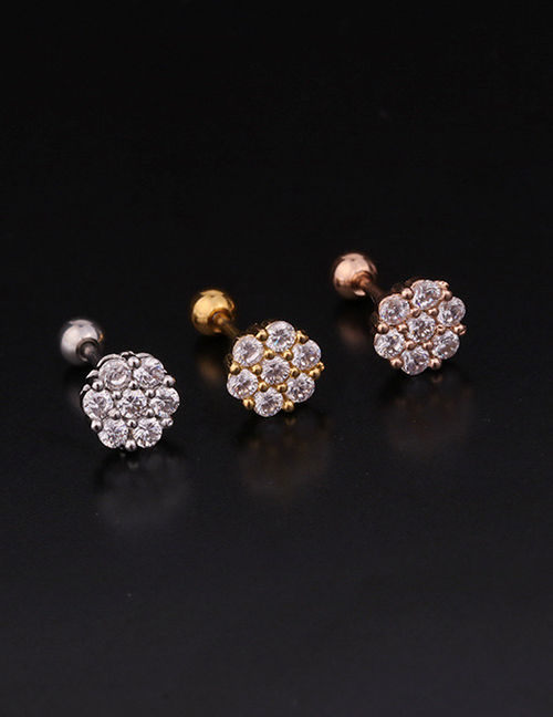 Fashion 4#rose Gold Color Flower Double Head Screw Stainless Steel Inlaid Zircon Geometric Stud Earrings