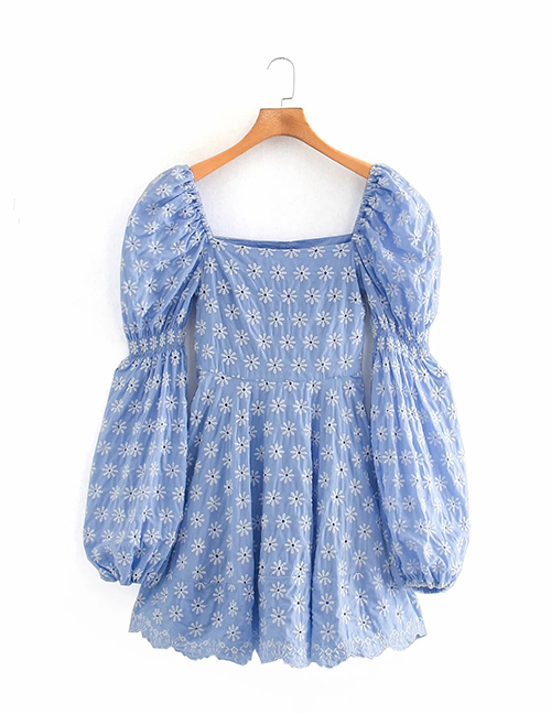 Fashion Blue Embroidered Square Neck Stitching Puff Sleeve Dress