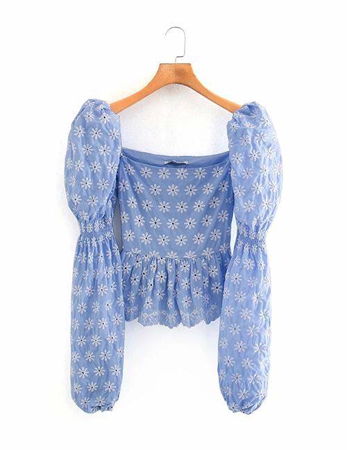Fashion Blue Embroidered Square Neck Stitching Puff Sleeve Top