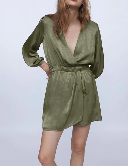 Fashion Green V-neck Waist Solid Color Long Sleeve Dress