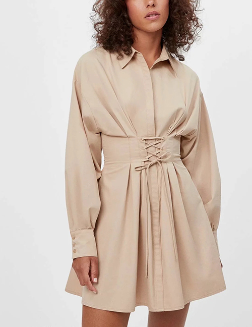 Fashion Apricot Tie-up Strap Solid Color Shirt Dress