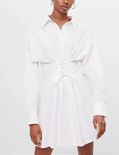 Fashion White Tie-up Solid Color Shirt Dress