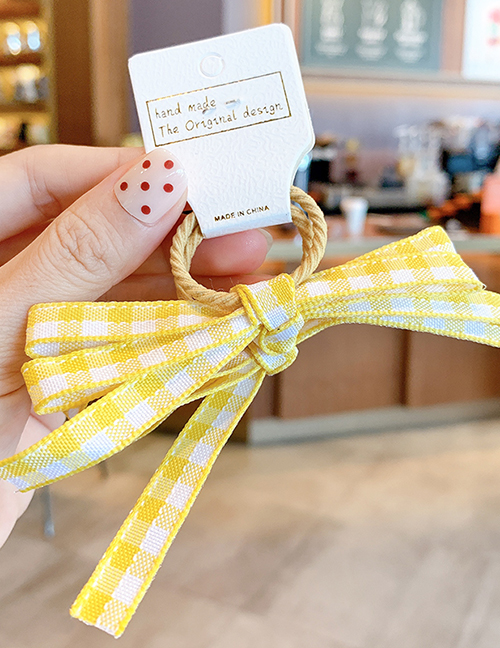 Fashion Yellow Grid [1 Pair] Bowknot Fabric Lattice Elastic Childrens Hair Rope