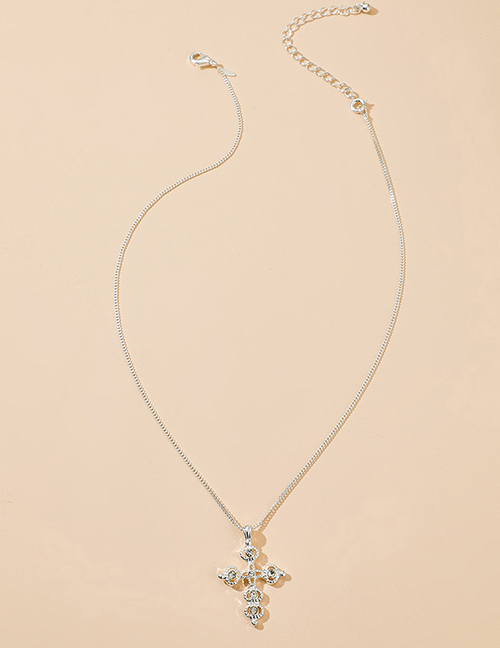 Fashion Cross Silver Color Pearl Pony Diamond Cross Geometric Alloy Necklace