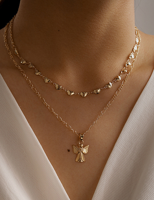 Fashion Gold Color Wings Double Heart Alloy Multilayer Necklace