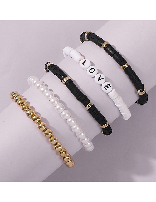 Fashion Black Letter Beaded Resin Pearl Bracelet Set