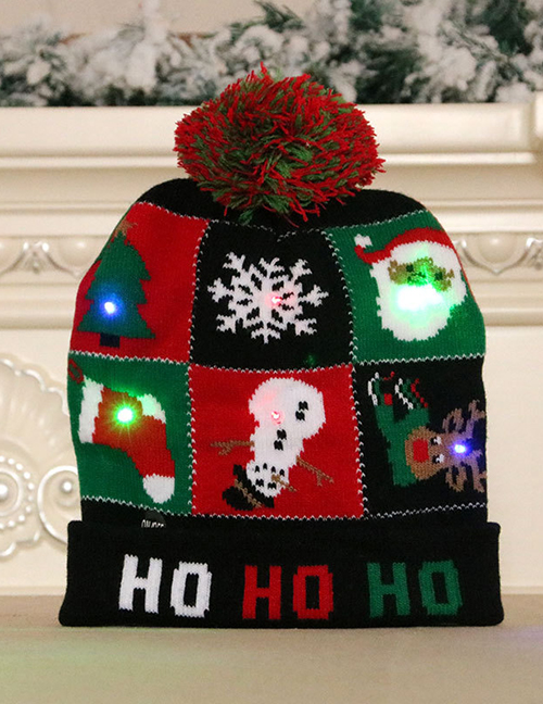 Fashion Contrast Christmas Tree Stripe Print Childrens Knitted Woolen Christmas Hat With Electricity