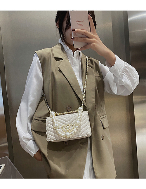 Fashion White Chain Love Pearl Flap Crossbody Shoulder Bag