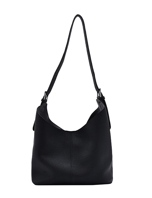 Fashion Black Solid Color Soft Leather Stitching One-shoulder Mother And Daughter Bag