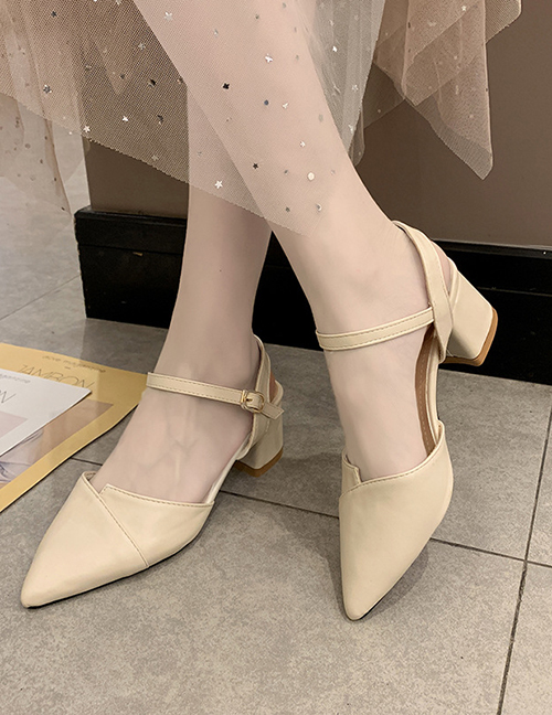 Fashion Creamy-white Pointed Toe Slippers With Thick Heel And A Buckle
