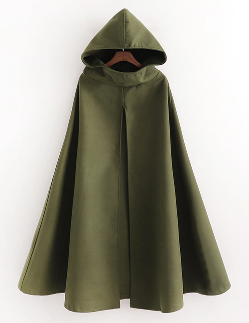 Fashion Green Pure Color Hooded Woolen Cloak Coat