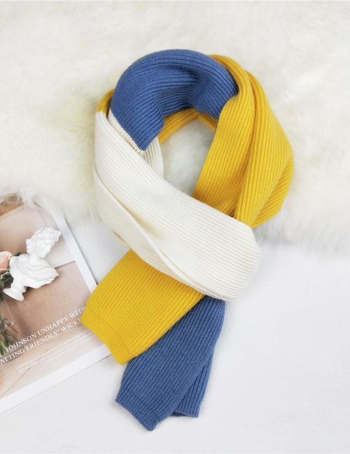 Fashion Dense Needle Yellow Blue Stitching Contrast Knitted Wool Scarf