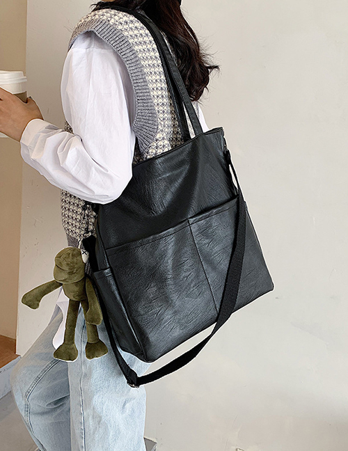 Fashion Black With Frog Pendant Soft Leather Large-capacity Stitching Shoulder Messenger Bag