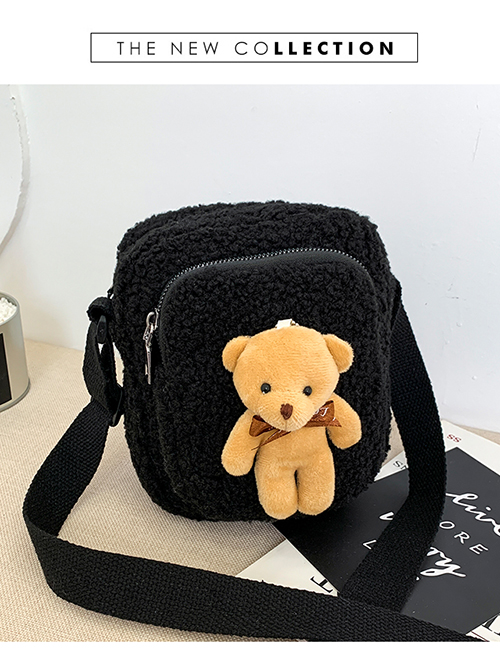 Fashion Black Bear Plush Wide Shoulder Strap One Shoulder Messenger Bag